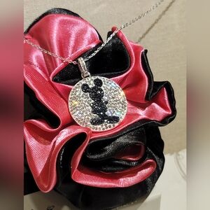 Mickey Mouse Silhouette Stainless Steel w/ Clear & Black Crystals Necklace